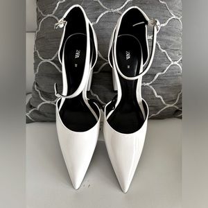 Zara White Patent Pointed Toe Ankle Strap Pumps